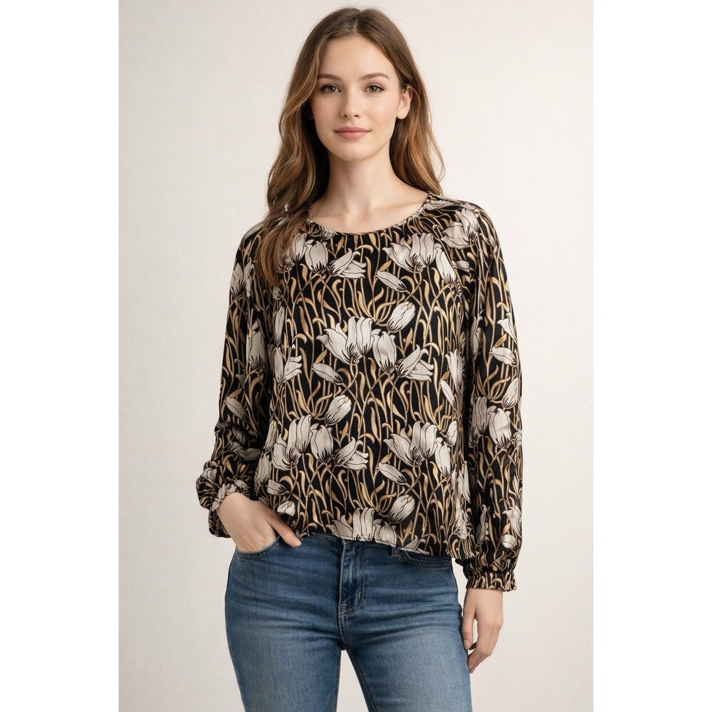 Banana Republic Verona Floral Blouse XS Black Floral Silk Luxury Art Elegant